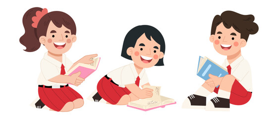 Children studying and reading books vector illustration