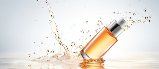 A skin care product consisting of cosmetic serum in droplets displayed on a white background with ample space for text or other elements