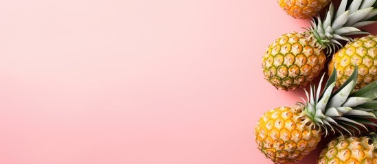 A summery concept is depicted in the image with pineapple fruits arranged on a pastel pink background The composition is a top down view that showcases a flat lay with ample copy space available