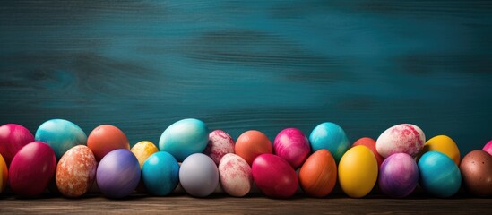 Obraz premium A wooden background displays vibrant Easter eggs providing ample copy space for text