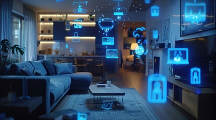 Naklejka premium Smart home interior featuring connected devices. Blue digital symbols hover nearby.