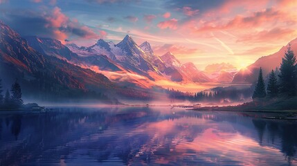 Fantastic panoramic view of the mountains reflected in the lake