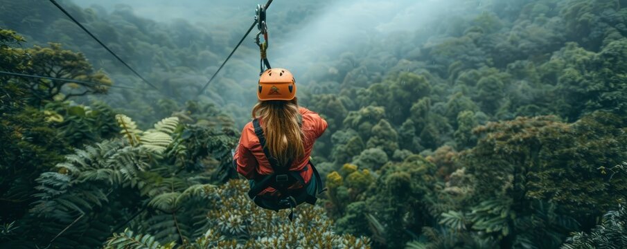 Female tourist taking zip line tour though Monteverde Cloud Forest, Costa Rica