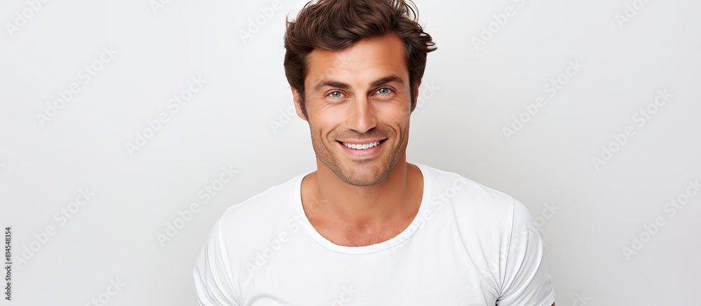 Poster a happy attractive man posing against a blank white background staring directly at the camera the im