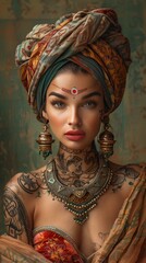 woman with turban dressed in costume, jewelry and tribal tattoos