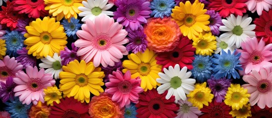 A top down view of a seamless texture pattern formed by a variety of vibrant flowers including gerbera and cosmos creating a multi colored display The image is suitable for copy space