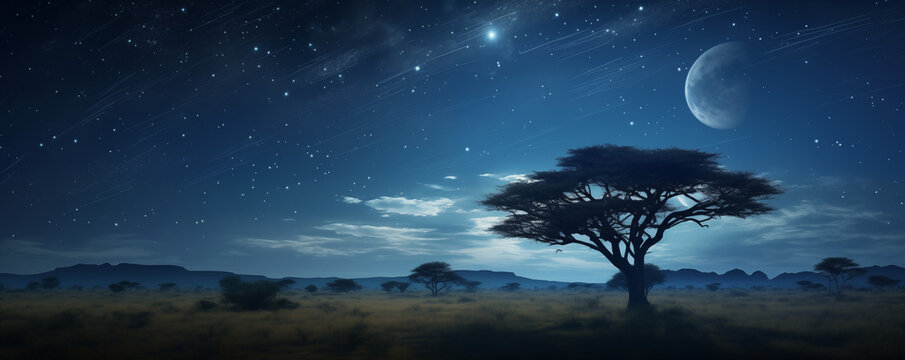 African savanna at nights, national wild park landscape, beautiful panoramic view, generated ai