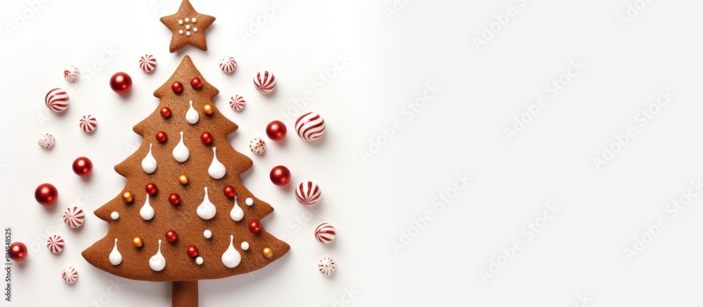 Poster a festive christmas themed flat lay with a gingerbread a winter tree and a candy cane on a white bac