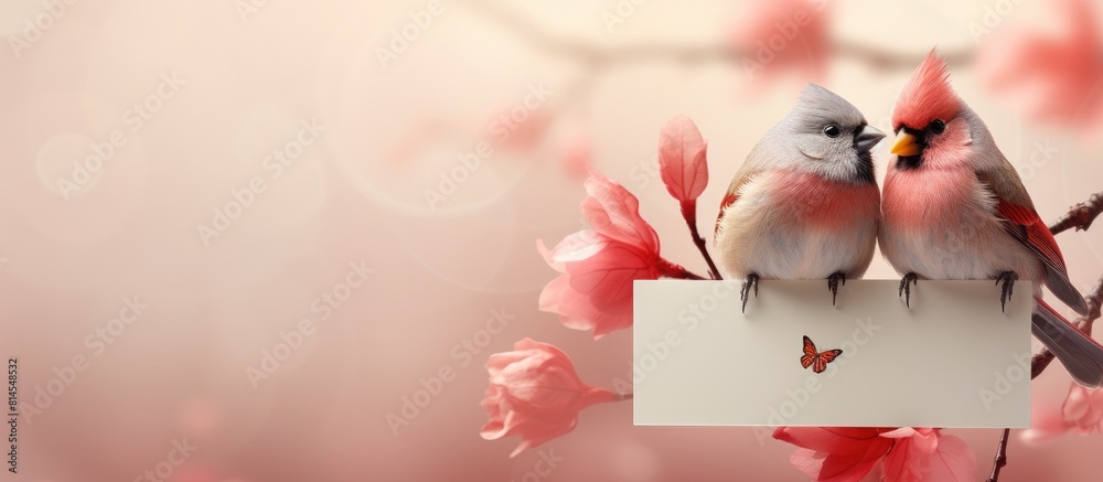 Poster A small bird is perched on a valentine card held by a married couple. with copy space image. Place for adding text or design