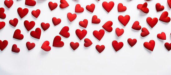 Full frame copy space image featuring red hearts on a pristine white background