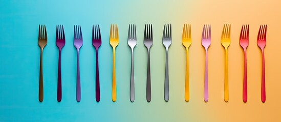 Colorful spoon and fork element arranged on a table from a top down perspective creating an appealing flat lay design with ample copy space image