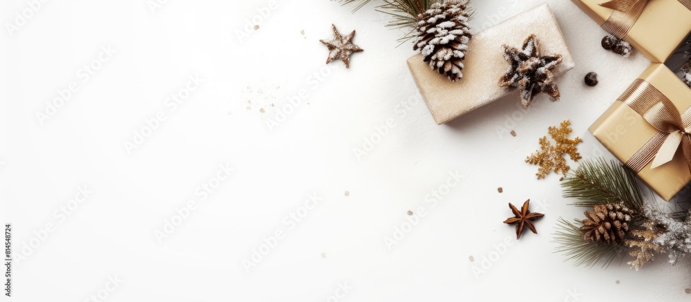 Poster a festive christmas scene with decorations and a gift box set against a white background the winter 