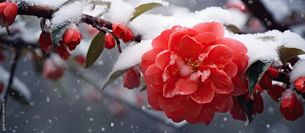 Poster A snow covered red camellia adds a touch of vibrant color to the winter scenery. with copy space image. Place for adding text or design