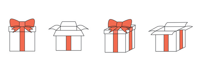 a set of images of gift boxes. a box with a bow, an open box. Flat and in isometry 
