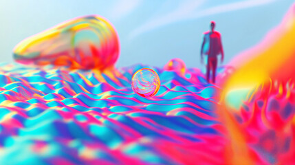 Digital summer dreamscape, Vibrant neon waves and person walking in surreal mirage landscape