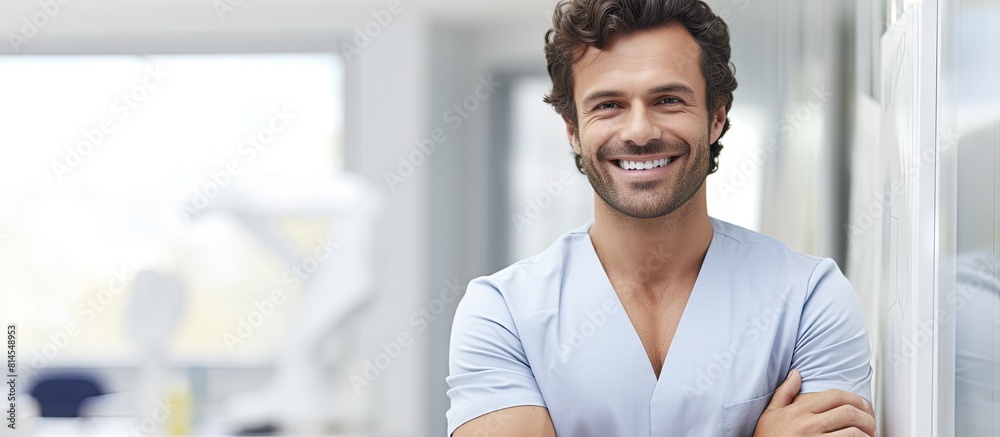 Poster a young and handsome physiotherapist man with a cheerful smile presents and points with the palm of 