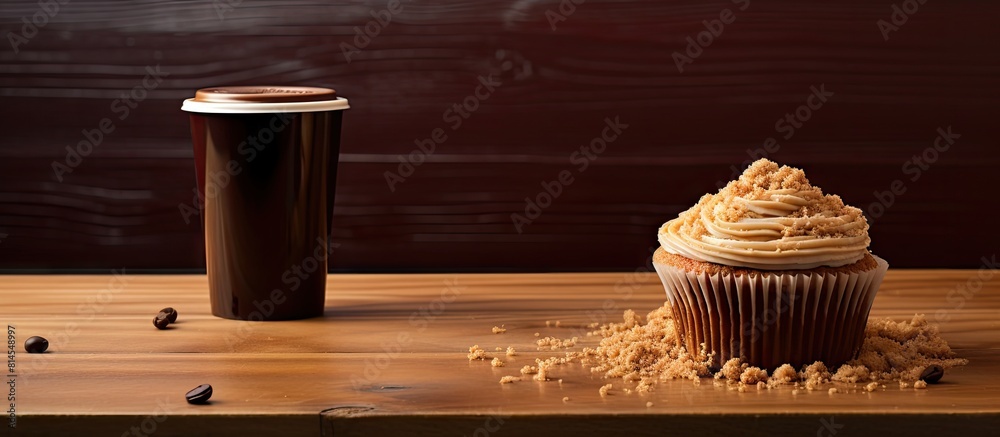 Poster a wooden tabletop covered with brown paper holds a black coffee cup and a delicious cupcake topped w