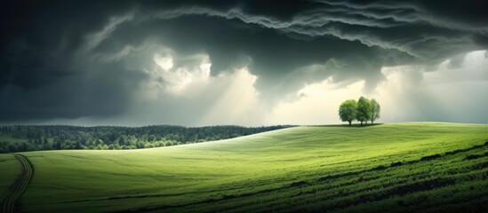 Fototapeta premium A dramatic sky looms over a hillside where a plowed field and a field with green manure are adjacent creating a captivating scene for a copy space image