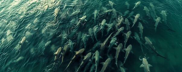 Aerial view of a dense swarm of spinner sharks in the Atlantic Ocean