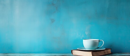 A panoramic blue grungy background showcases an open book and a cup of coffee providing a copy space image