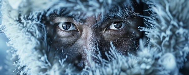 Inuit man face on frozen landscape, cold, eskimo, generated ai