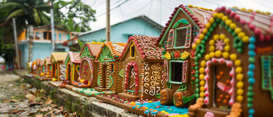 Colorful Trinidadian gingerbread houses lined up on a street in the Port of Spain.