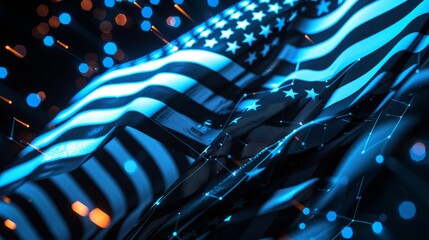 Flying flag of a black and white stripe USA, with a blue line.