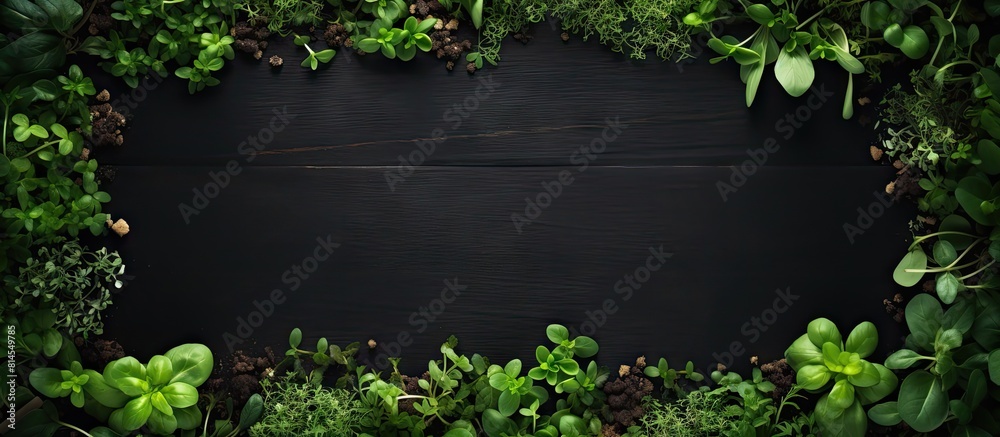 Aufkleber The flat lay image showcases a frame composed of various microgreens spread across a black table leaving ample copy space for text