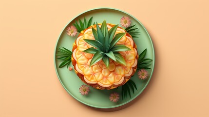 3D illustration of a pineapple upside-down cake on a green plate with pink flowers.