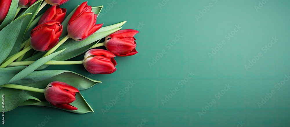 Poster top view copy space image of a bouquet of red tulips on a green background perfect for occasions lik