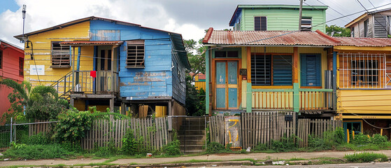 Colorful Trinidadian wooden houses in Port of Spain against blue sky with trees in foreground.