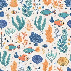 a pattern showcasing underwater marine life, including fish, coral, and seaweed, with a harmonious blend of blues and greens.