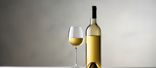A white wine bottle is captured in a horizontal studio shot set against a gray background leaving room for a copy space image