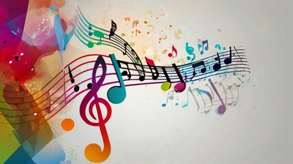 Abstract illustration of musical background with music notes and colorful wavy lines. Concept of the background and backdrop.