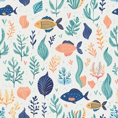 Obraz premium a pattern showcasing underwater marine life, including fish, coral, and seaweed, with a harmonious blend of blues and greens.