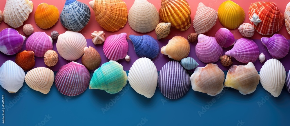 Fototapete A top view of sea shells on a colorful background creating a summer themed copy space image