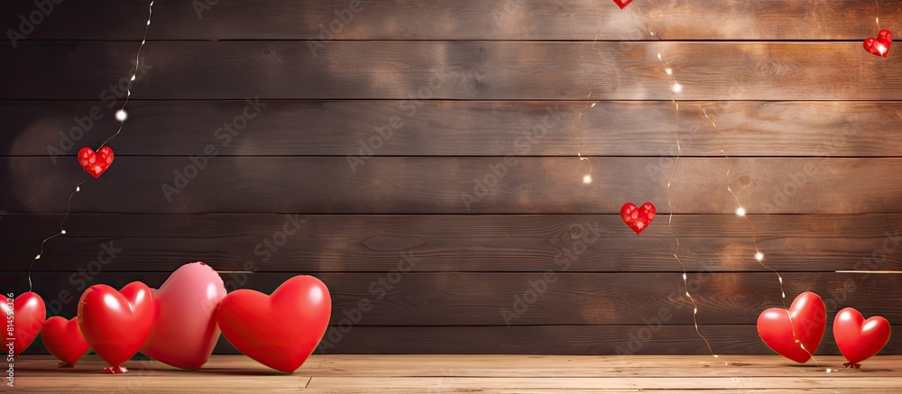 Poster on a vintage wooden background there is a greeting card for valentine s day adorned with hearts the 