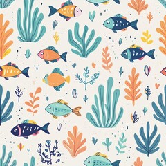 Obraz premium a pattern showcasing underwater marine life, including fish, coral, and seaweed, with a harmonious blend of blues and greens.