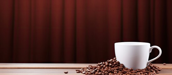 A copy space image of a white ceramic cup on a brown wooden surface overflowing with coffee beans accompanied by a white flag