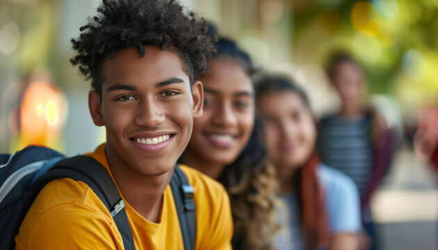 Diverse college students celebrating National Higher Education Day, with one confident young man smiling at the camera in the foreground