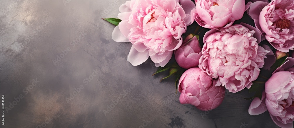 Poster a beautiful arrangement of pink peonies rests on a textured background providing ample copy space fo