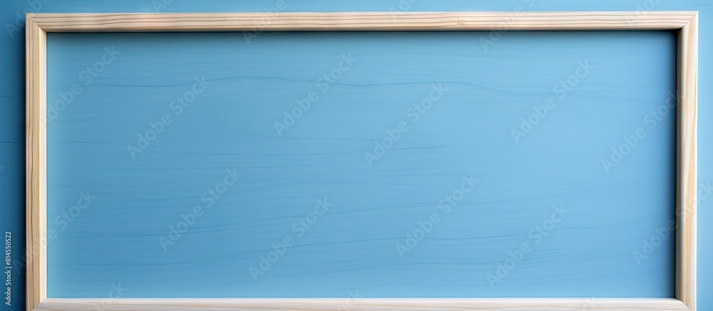Poster A close up of an empty wooden frame on a blue background providing copy space for text The photo is of high quality