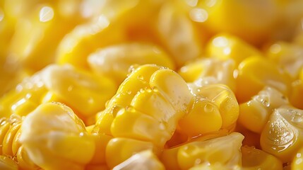 A close-up of a pile of golden corn. The corn is glistening with water droplets, making it look fresh and delicious.
