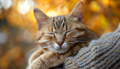 Cute cat cuddles up to a cozy sweater in a warm, golden setting, embracing the love and companionship of National Hug Your Cat Day