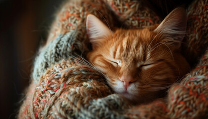 Adorable photo of a ginger tabby cat curled up in a cozy multicolored knit blanket, commemorating National Hug Your Cat Day