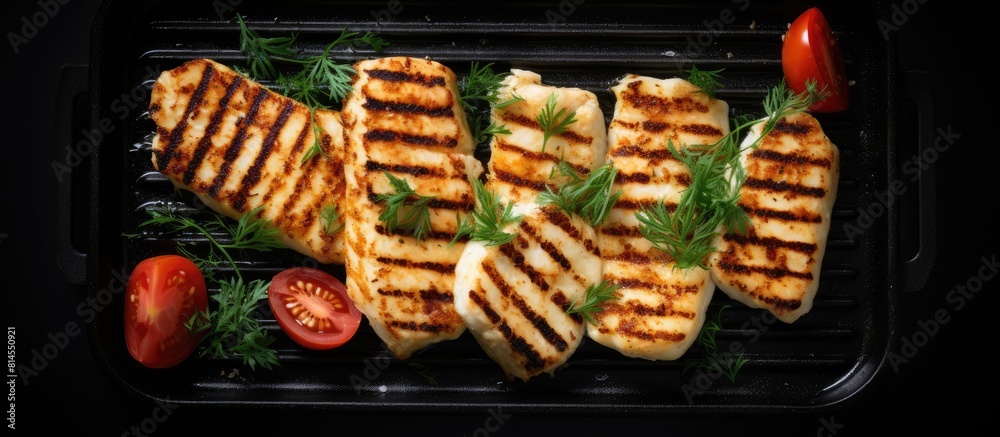 Poster ready for grilling halloumi cheese sits in a pan on a black background the top down perspective offe