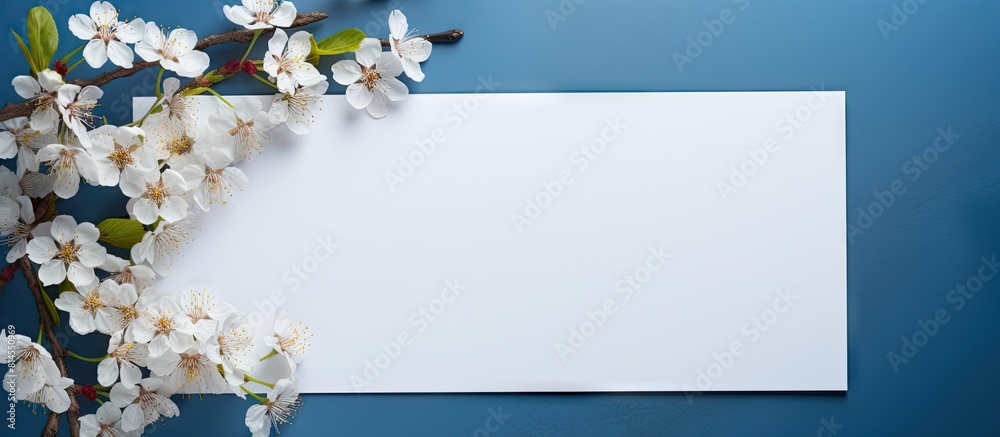 Poster Blue background with a blooming wild plum tree showcasing its branches alongside a blank white sheet of paper Top view of spring flowers offering copy space for text