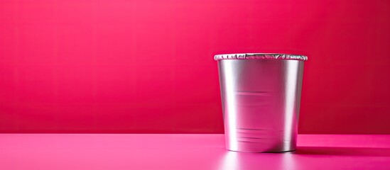 A cup made of aluminium foil stands alone against a vibrant pink backdrop leaving ample space for copy or other images