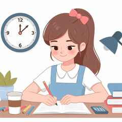 Girl writes in notebook. Concept of schooling, literacy. Female character doing school homework