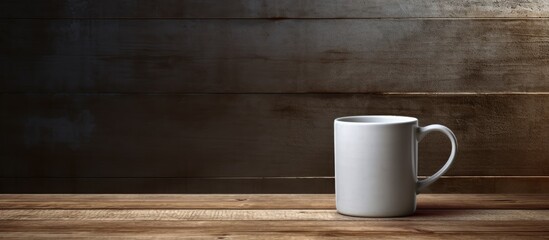 A coffee cup made of plastic is placed on a dark wooden table with a concrete background This is a mock up image. with copy space image. Place for adding text or design